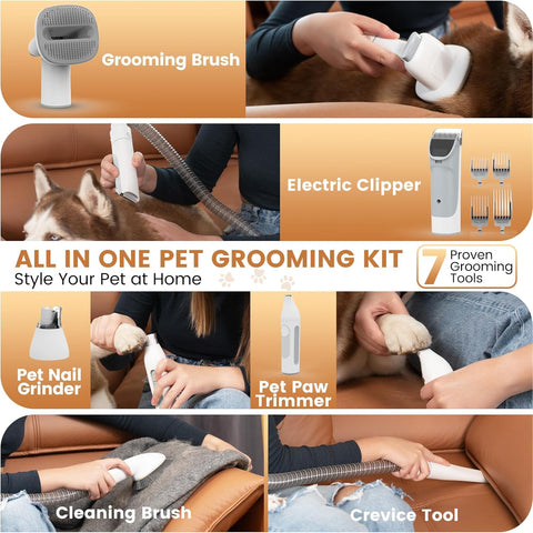 Dog Grooming Vacuum and Kit, Clipper Nail Trimmer Grinder, 2.5L Dust Cup 7 Grooming Tools 11000Pa Pet Vacuum for Shedding Grooming, Dog Hair Vacuum, Home Cleaning